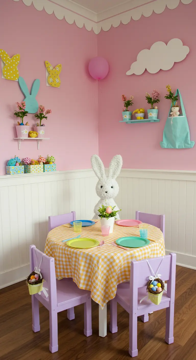 A kids' Easter table with lavender chairs, a gingham tablecloth, and mini egg baskets.