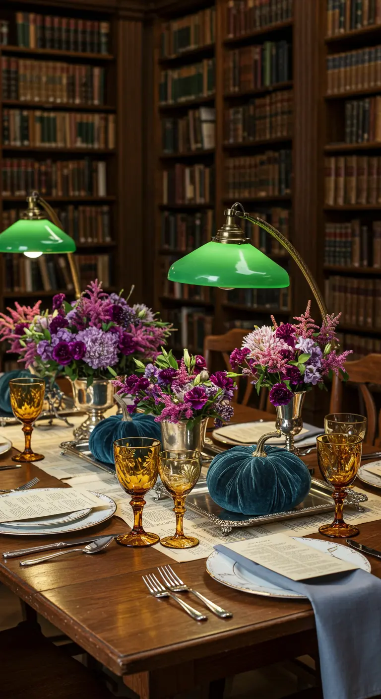 Dark academia table setting in a library with teal velvet pumpkins and green lamps.