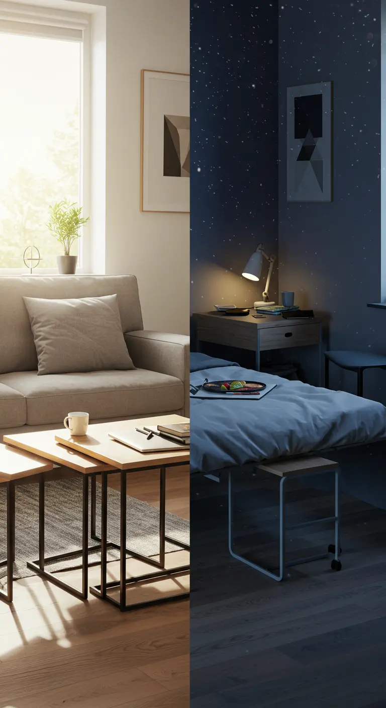 A split-screen view showing a living room by day and the same space converted into a bedroom at night.