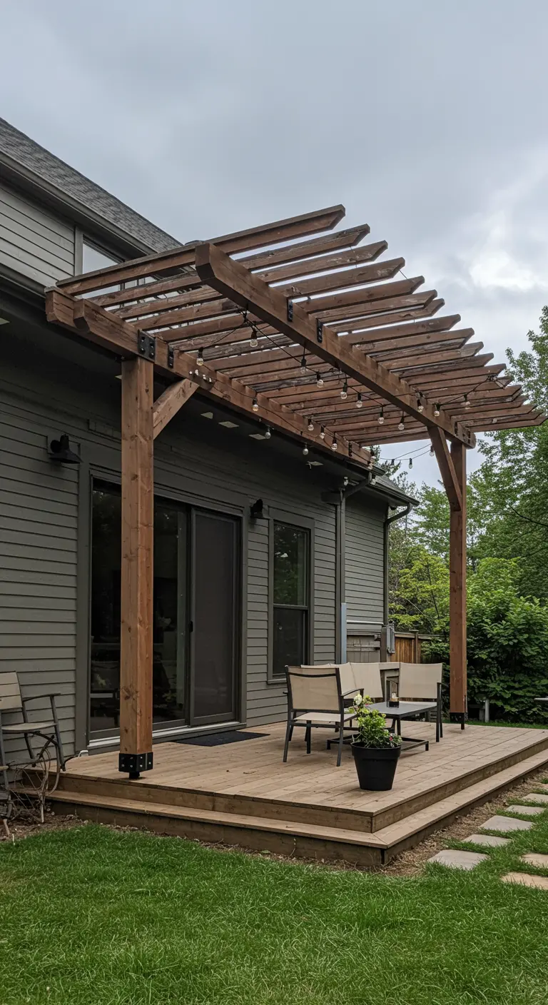 A wooden pergola with angled rafters is attached to a house, extending over a deck with chairs.