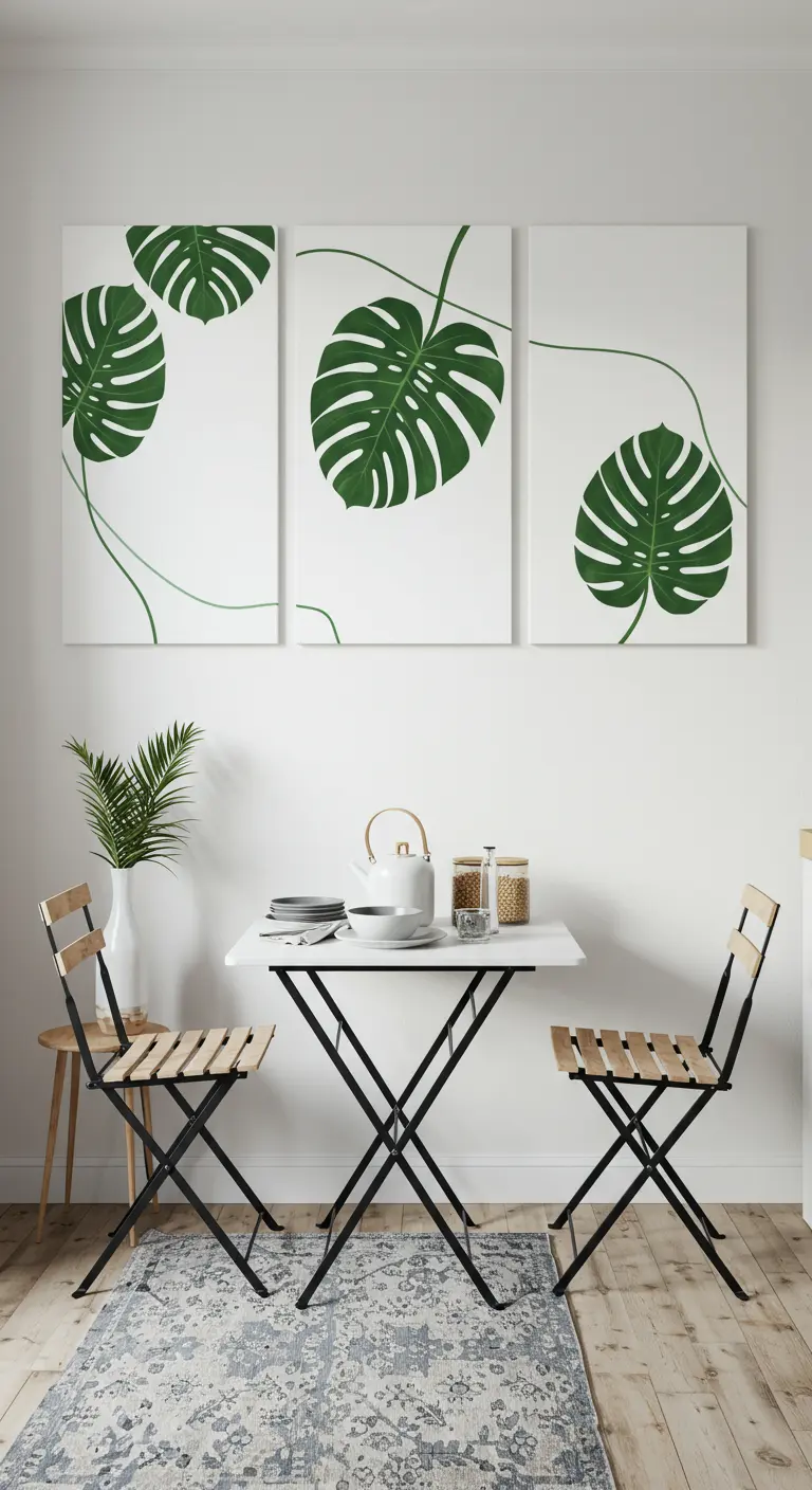 A triptych of canvases showing a single flowing monstera vine over a small dining table.