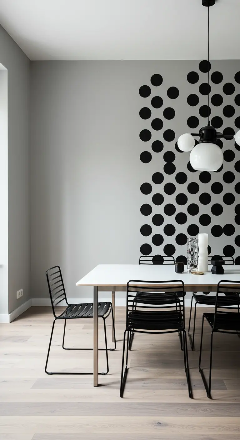 Minimalist dining room with a grey wall featuring a black polka dot decal pattern.