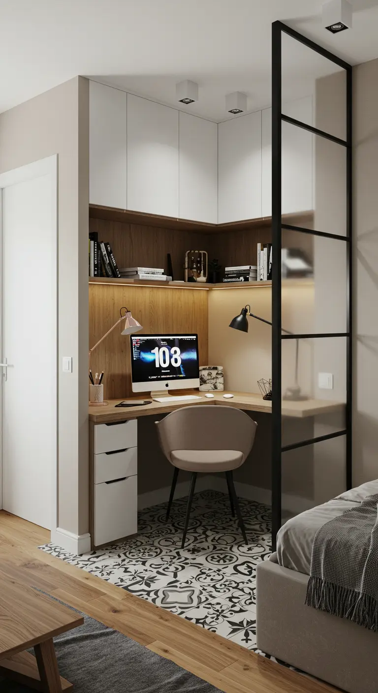 A compact, built-in corner home office with wood backing and patterned floor tile.