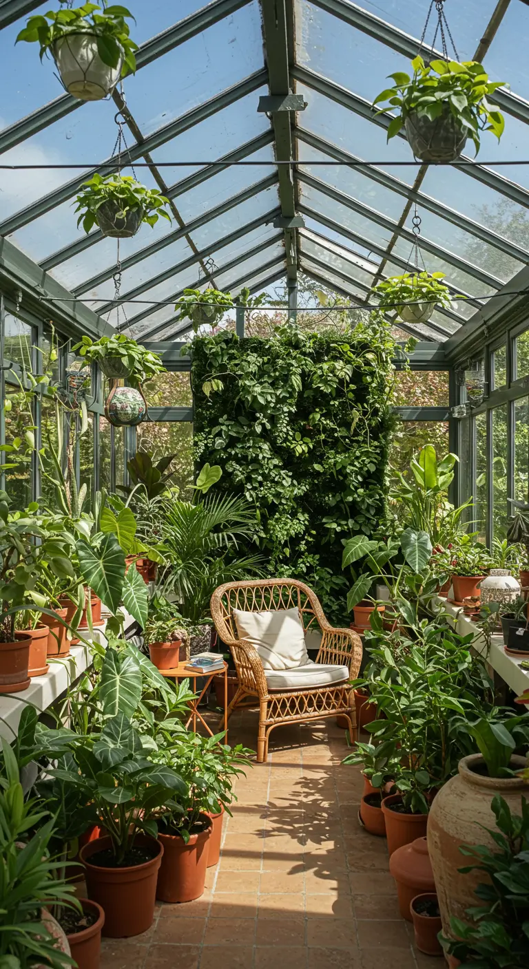 A glass-roofed sunroom filled with potted plants, a rattan chair, and a plant wall.