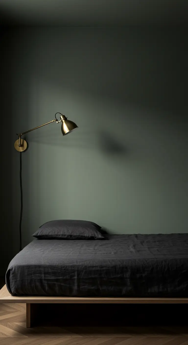 A minimalist bedroom with dark olive green walls, a low bed, and a brass wall lamp.