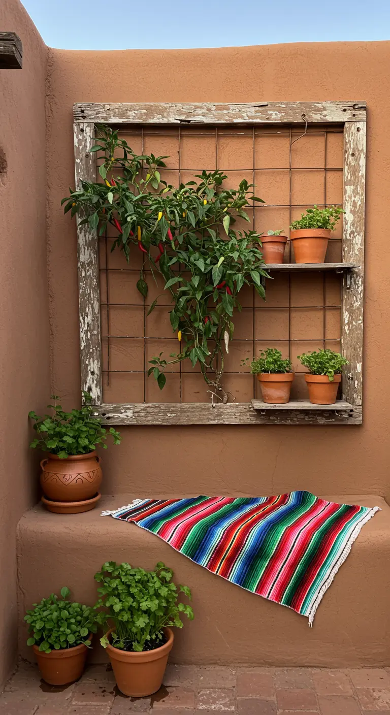 An adobe patio nook with a rustic window frame planter and a colorful striped blanket on the bench.