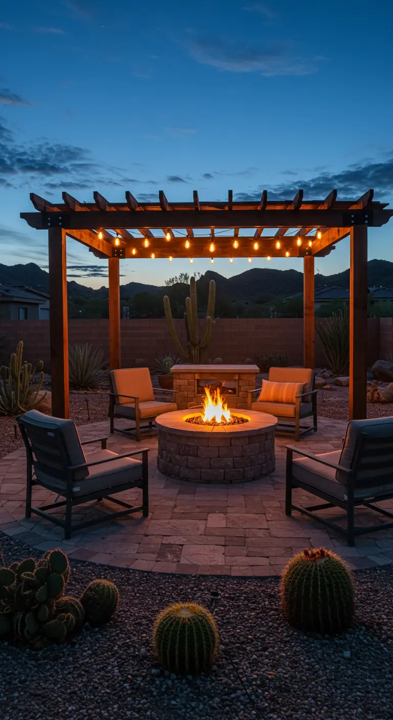 A dark wood pergola over a stone fire pit in a desert landscape, with modern lounge chairs.