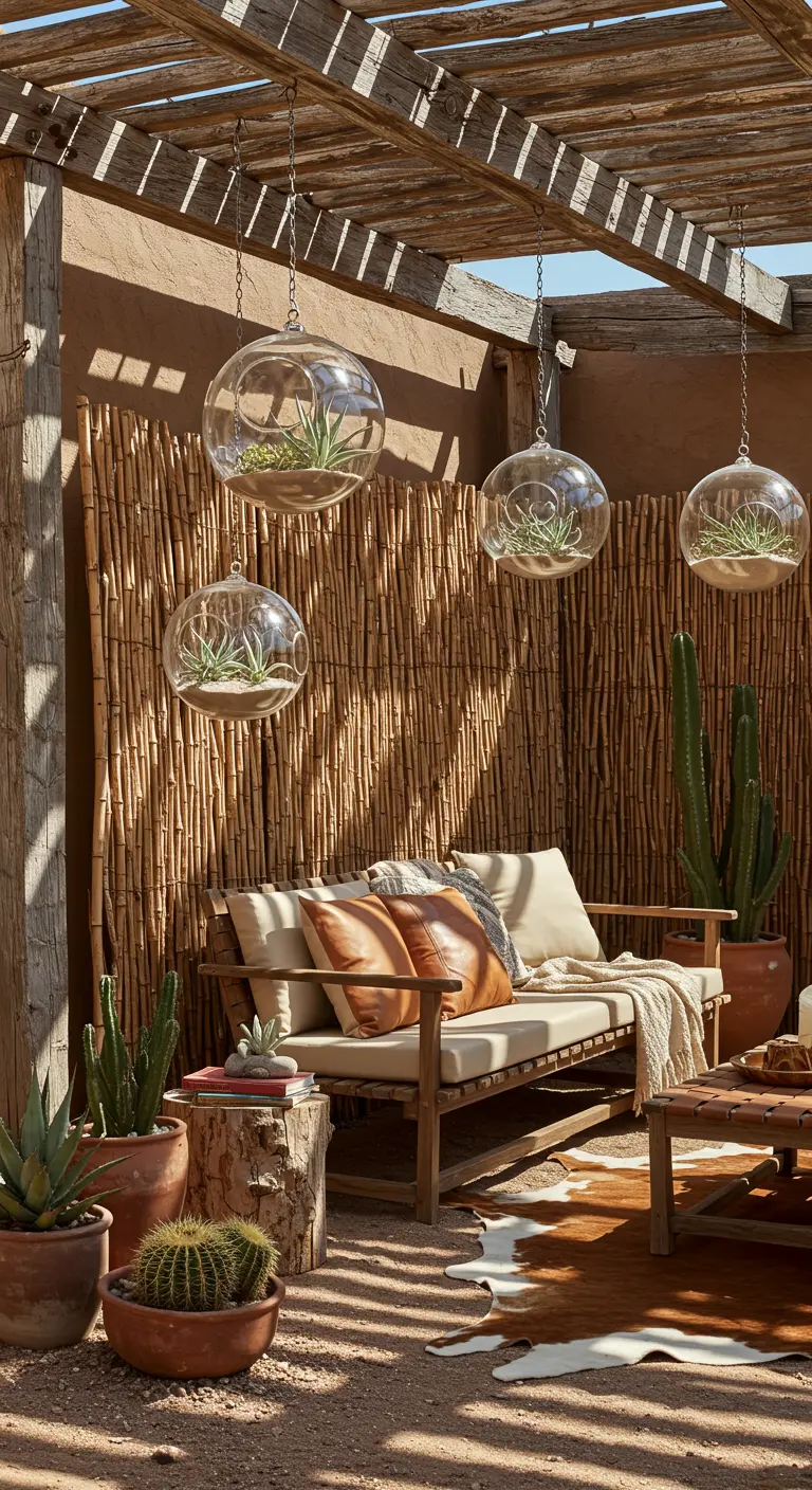 A desert-style patio with a bamboo screen, wood pergola, cacti, and large hanging globes.