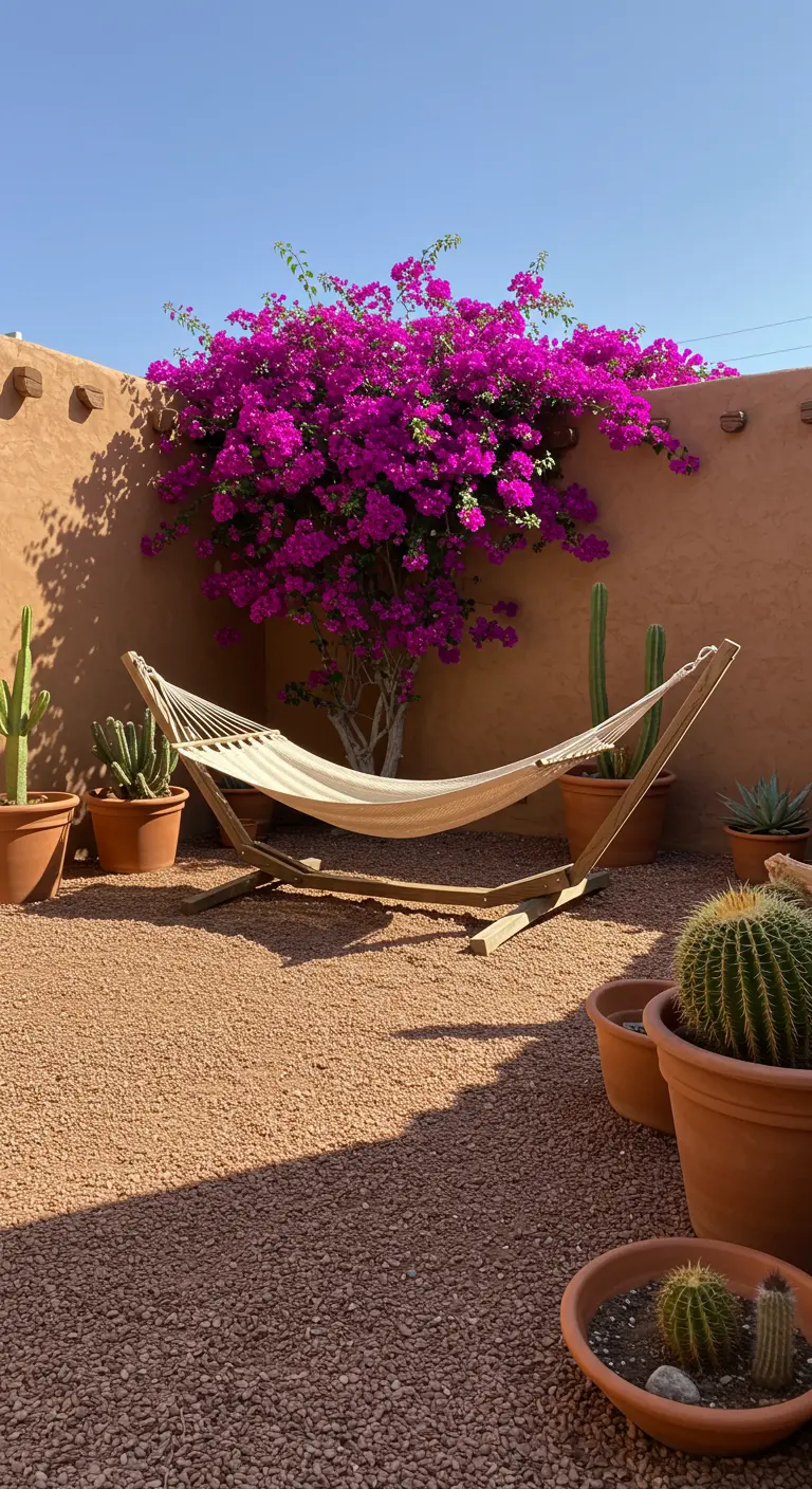 A desert-style garden with a freestanding hammock, cacti, and a large bougainvillea.