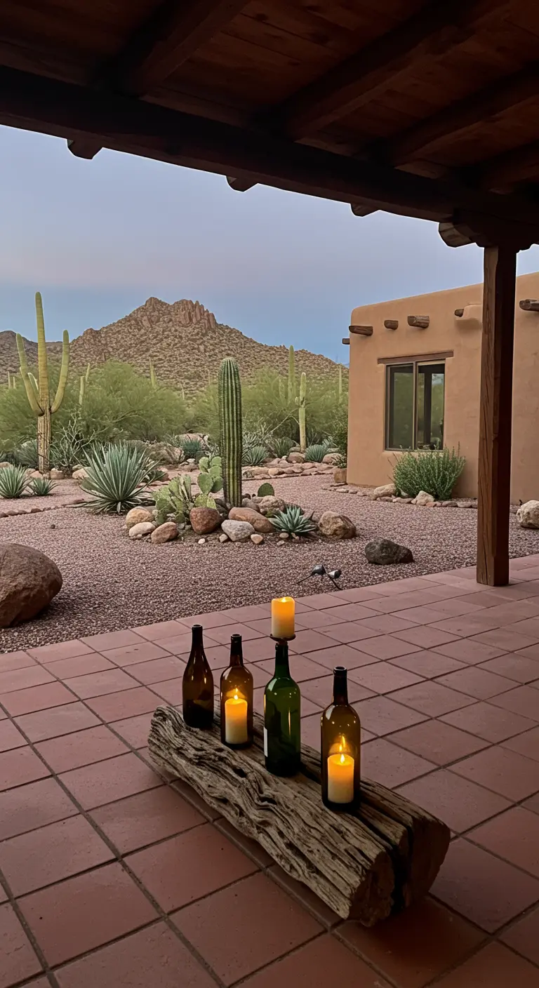 Driftwood log with wine bottle candles on a desert patio with cacti in the background.