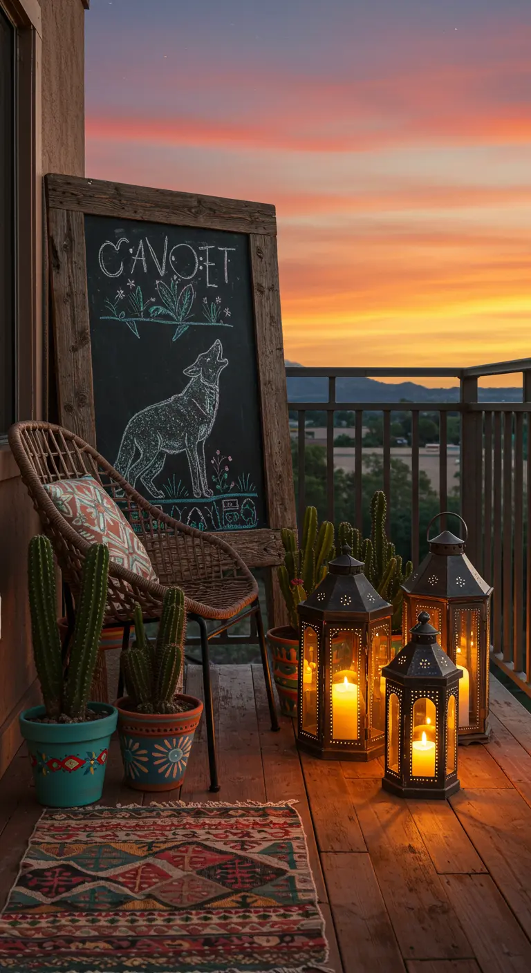 A balcony at sunset with a desert theme, including cacti, a patterned rug, and a chalkboard drawing of a coyote.