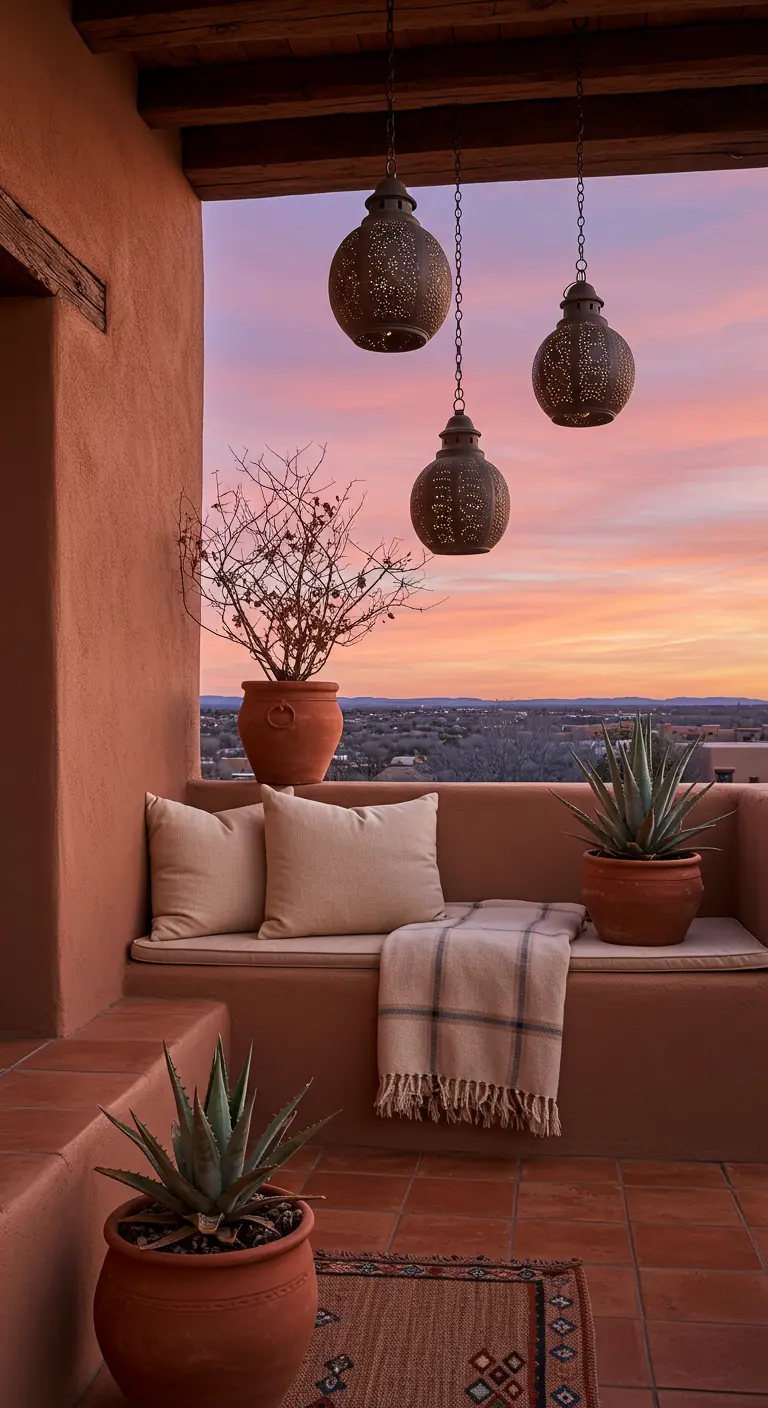Adobe-style balcony with terracotta tones, a cozy bench, and pierced metal lanterns at sunset.