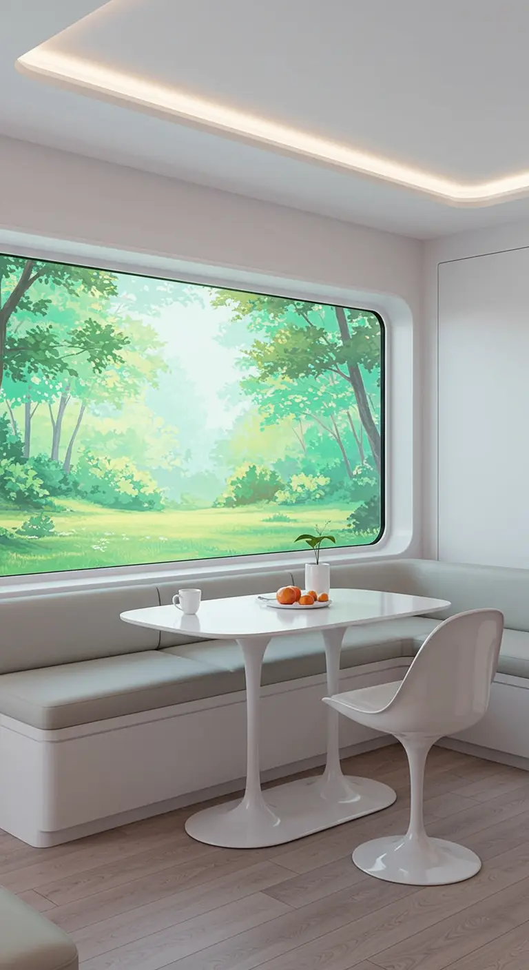 A minimalist dining nook with a large screen acting as a window showing a lush green forest.