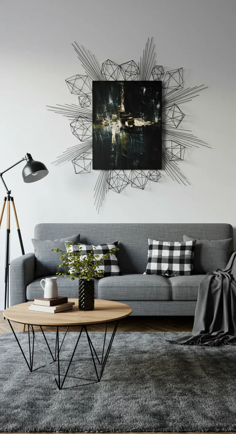 A dark abstract painting on a wall with black metal rods and geometric shapes exploding from it.