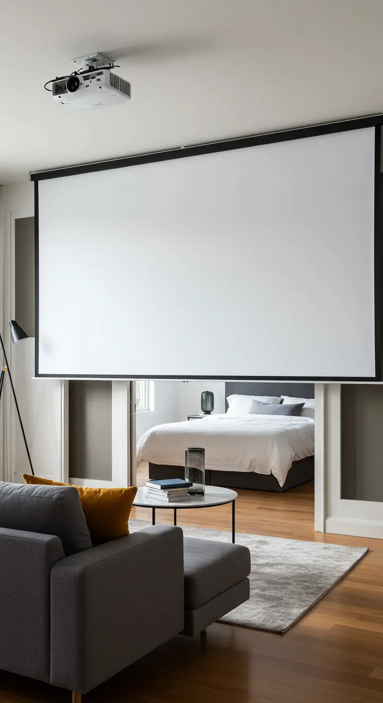 A pull-down projector screen separating a living room from a bedroom alcove.