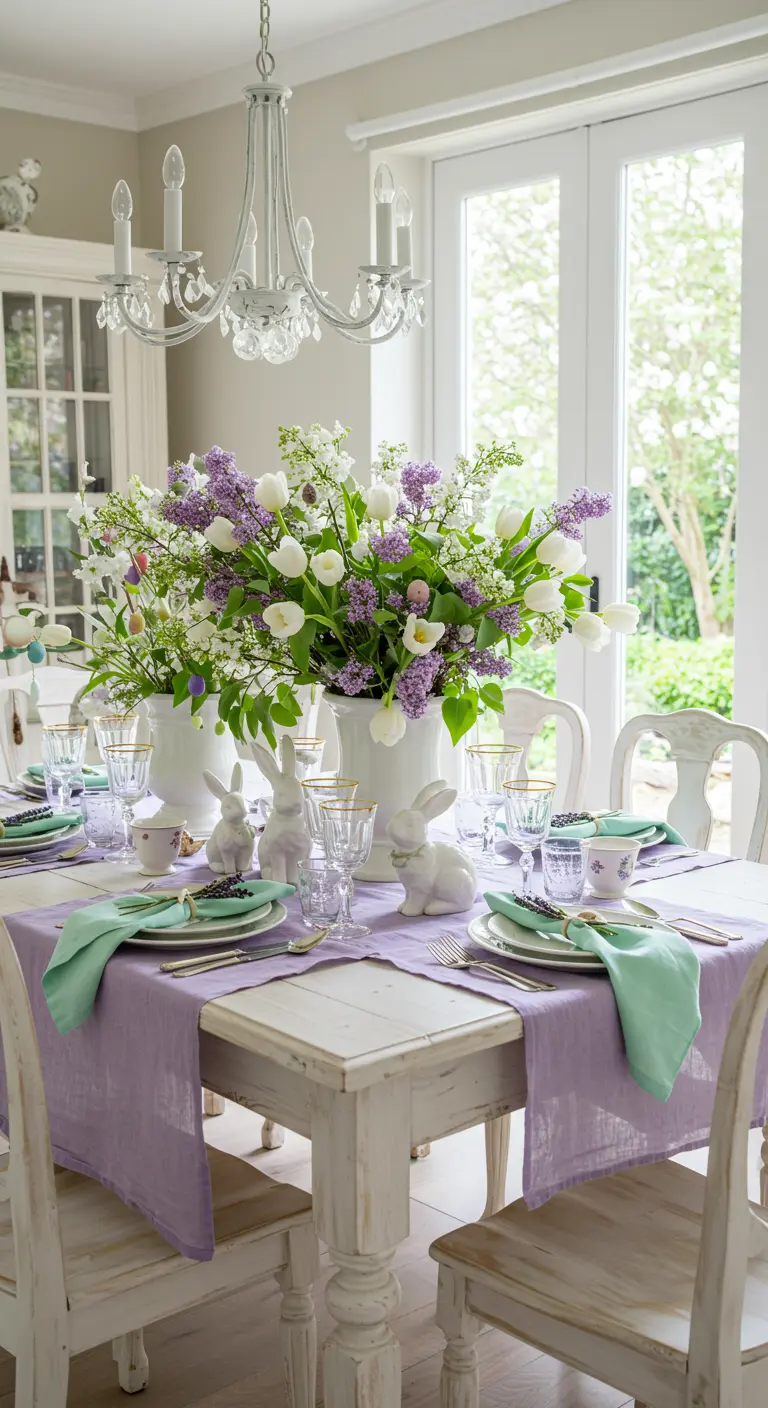 Easter dining table with lavender runners, mint napkins, and a floral centerpiece.