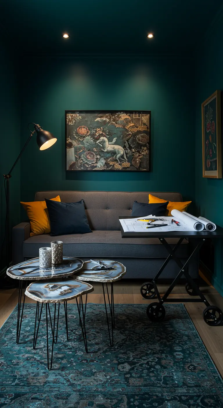 A dark teal room with a gray sofa, agate-topped nesting tables, and a black mobile desk.