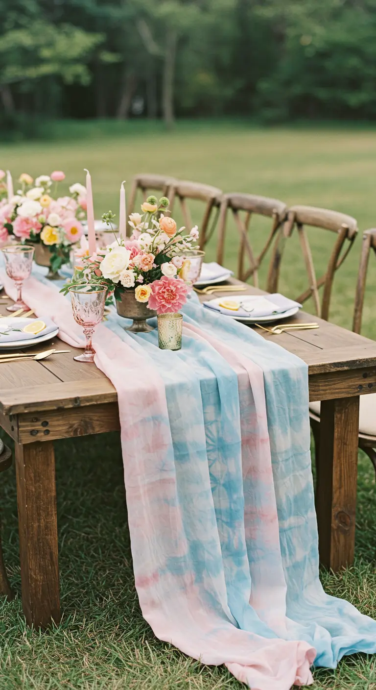 A pink and blue tie-dye table runner on a rustic wooden table.