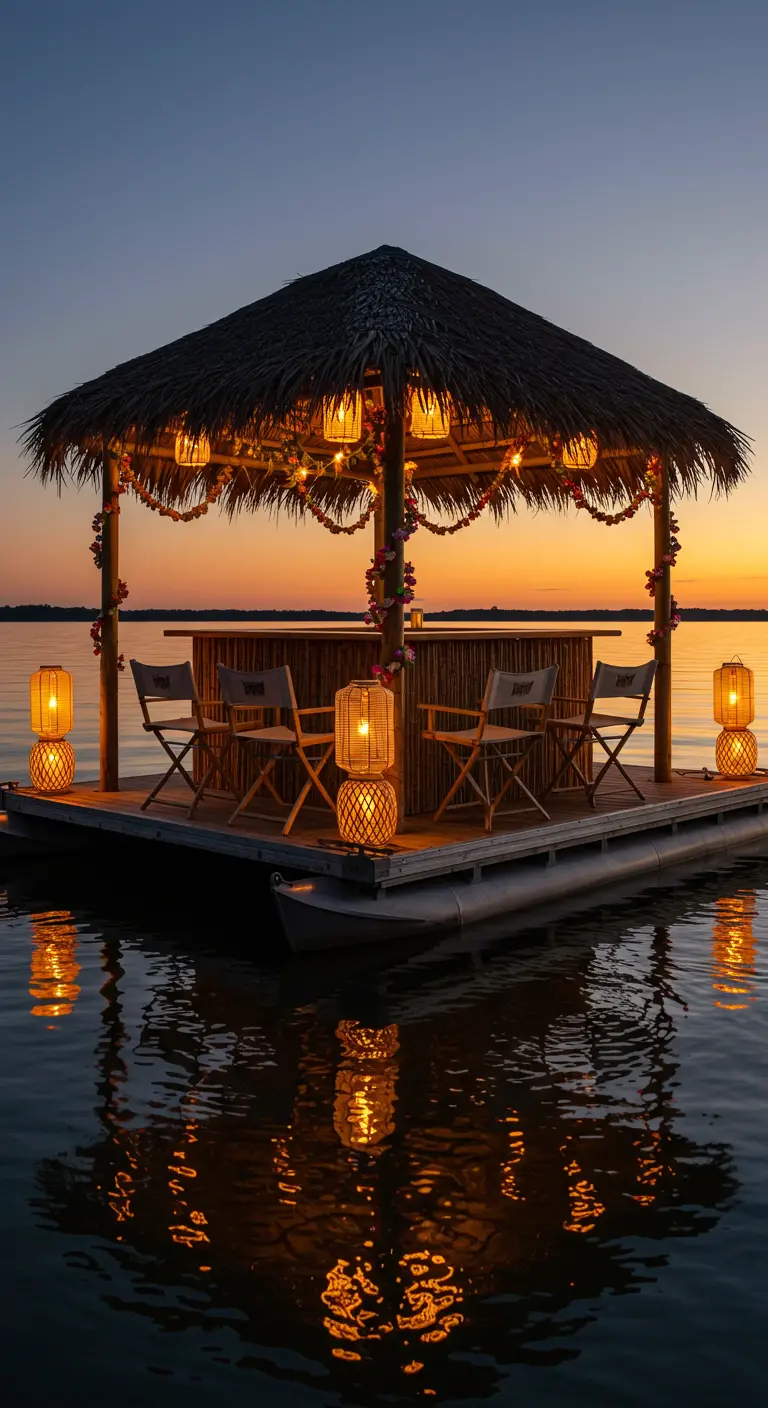 A floating tiki bar on a pontoon boat at sunset, with lanterns reflecting on the water.