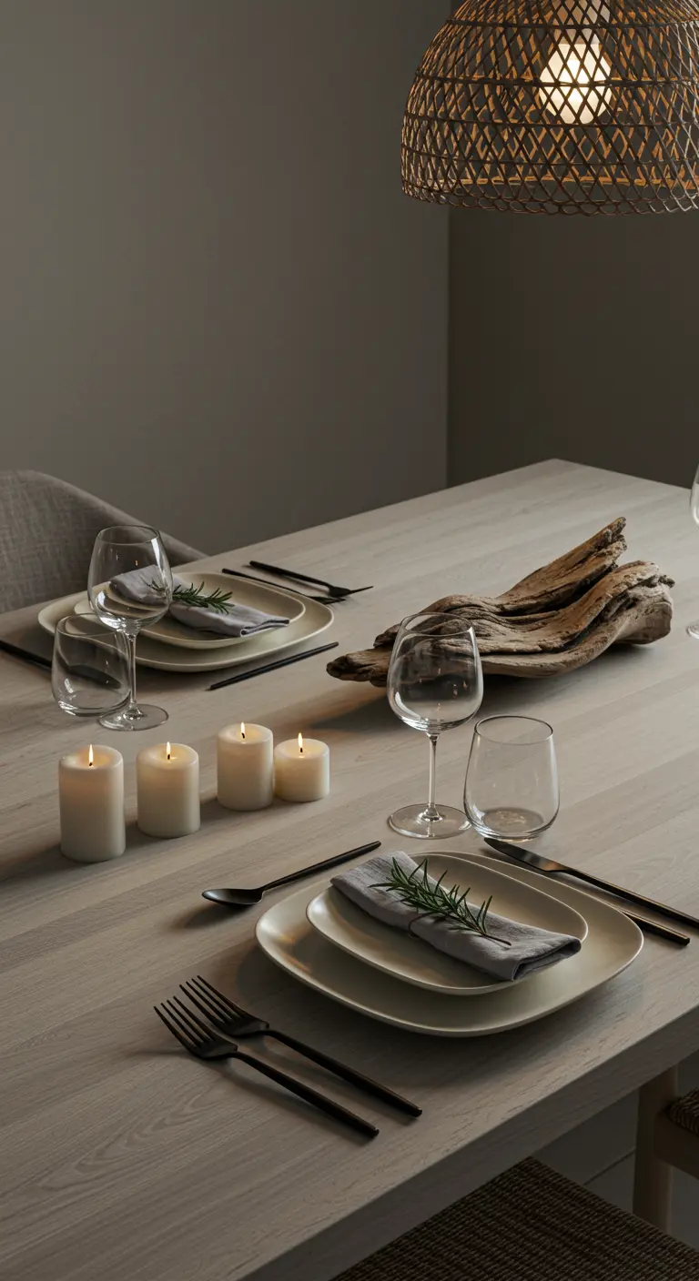 A pale wood table with a driftwood centerpiece, white pillar candles, and black cutlery.