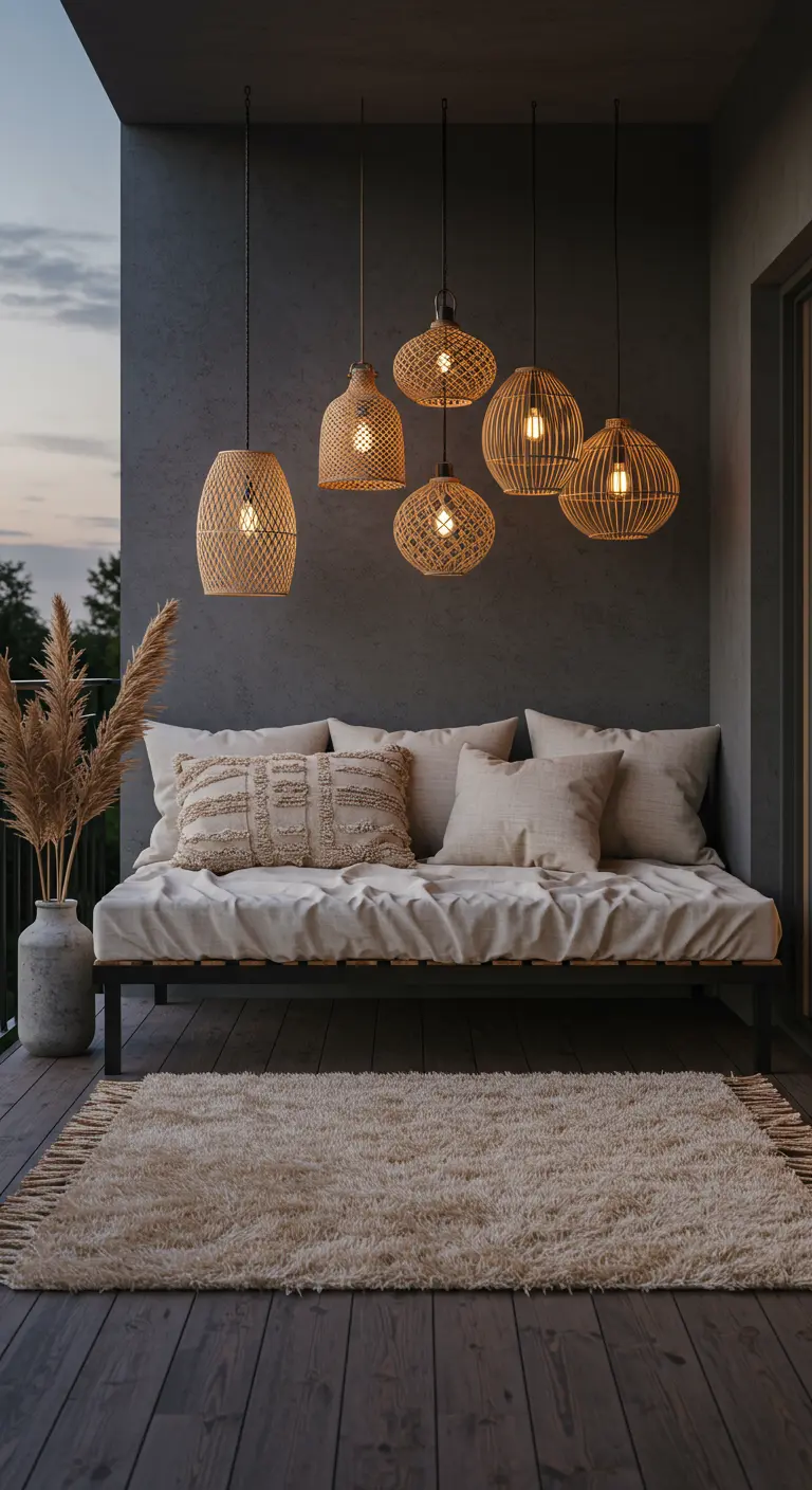 A minimalist balcony daybed under a cluster of woven pendant lights at dusk.