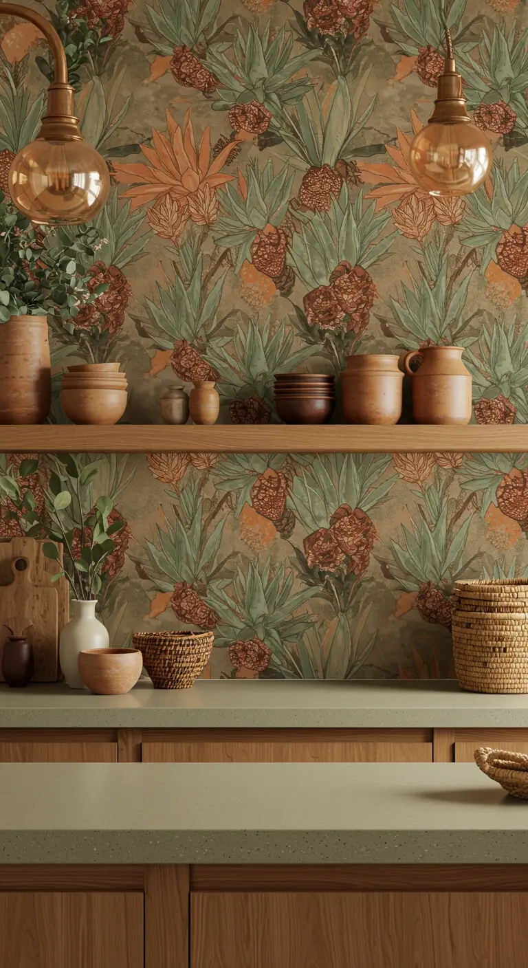 Kitchen with earthy botanical wallpaper in terracotta and sage hues, paired with wood accents.