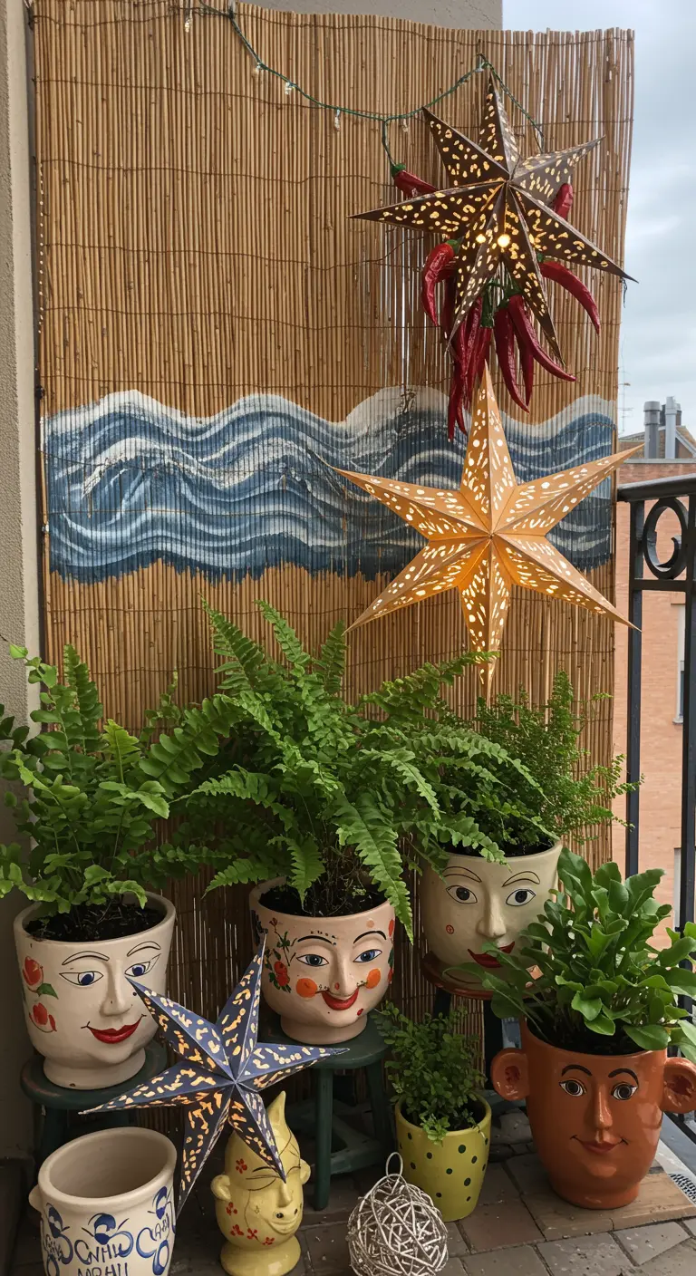 An artsy balcony with face planters, a painted bamboo screen, and star-shaped lanterns.