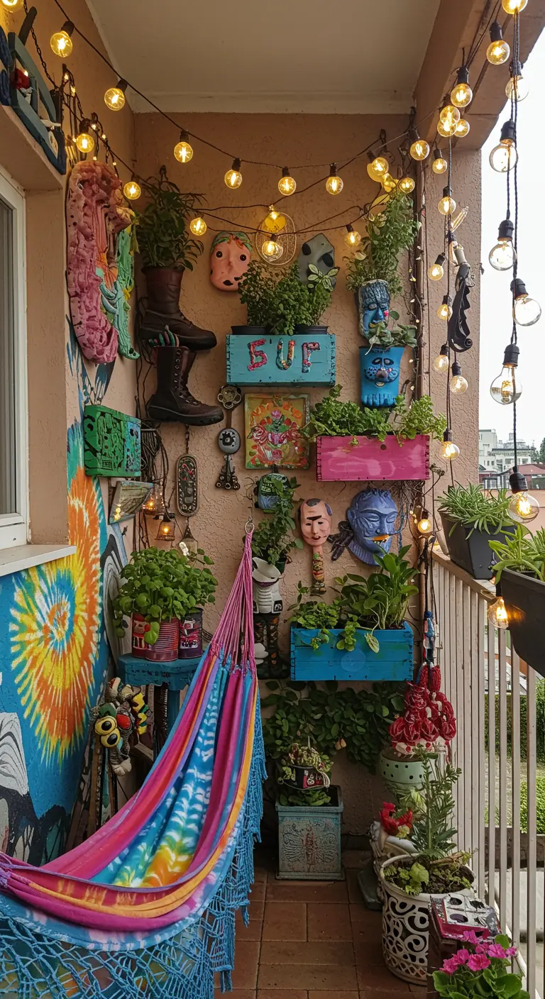 A very eclectic balcony with a tie-dye hammock, art-filled walls, and unique planters made from boots.