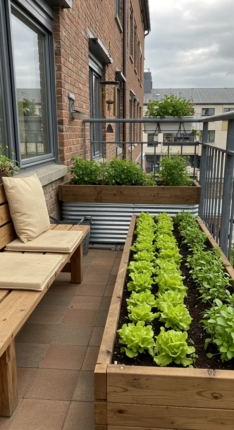 A balcony with raised wooden garden beds filled with neat rows of lettuce and herbs.