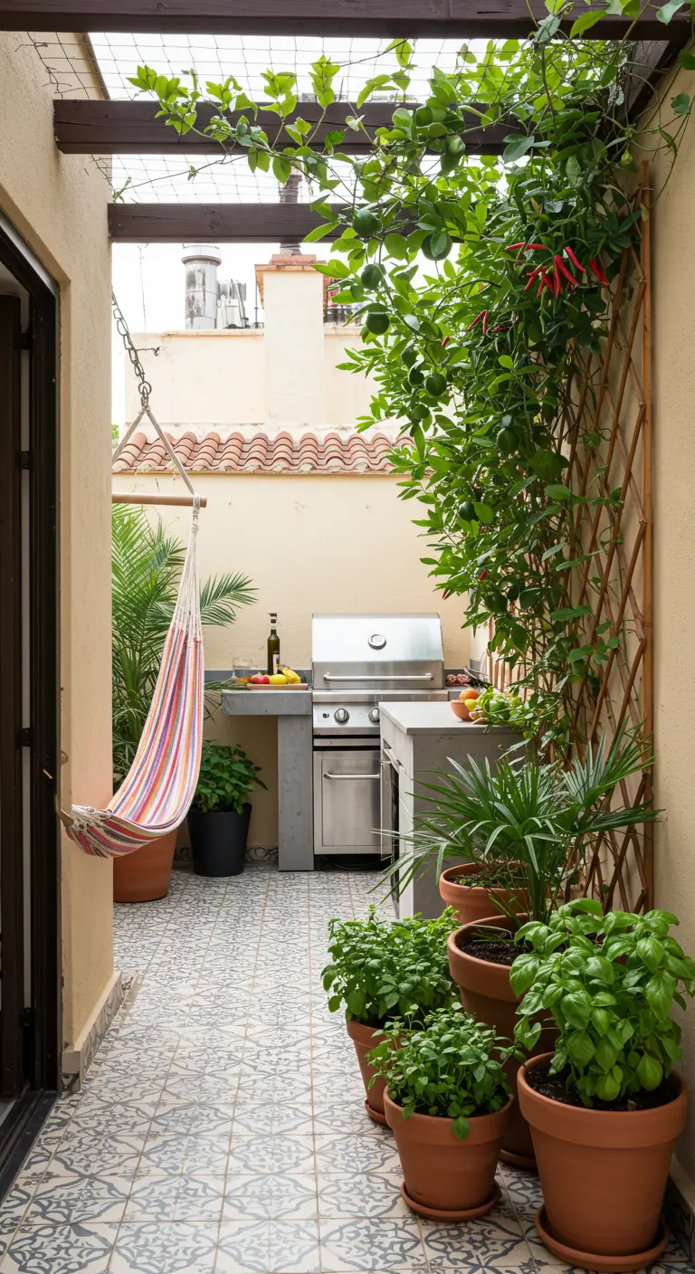 A functional patio with a grill, a hammock chair, and a vertical garden of herbs and chilies.