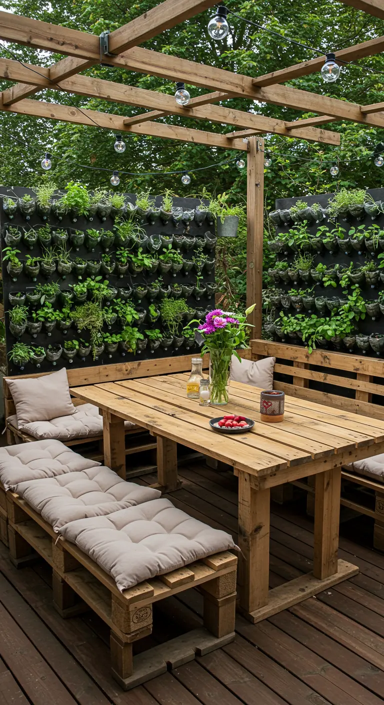 A patio dining area with pallet furniture next to a large vertical herb garden wall.