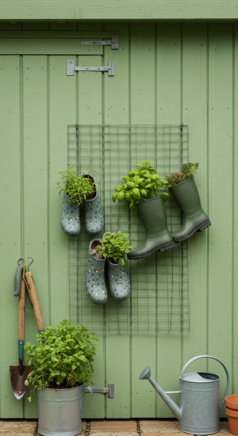 Green rain boots filled with fresh herbs hanging on a green wooden shed wall.