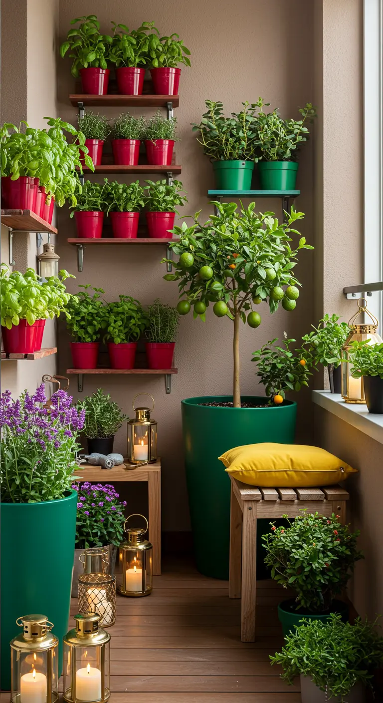 A balcony herb garden with a lime tree in a green pot and herbs in red pots on shelves.