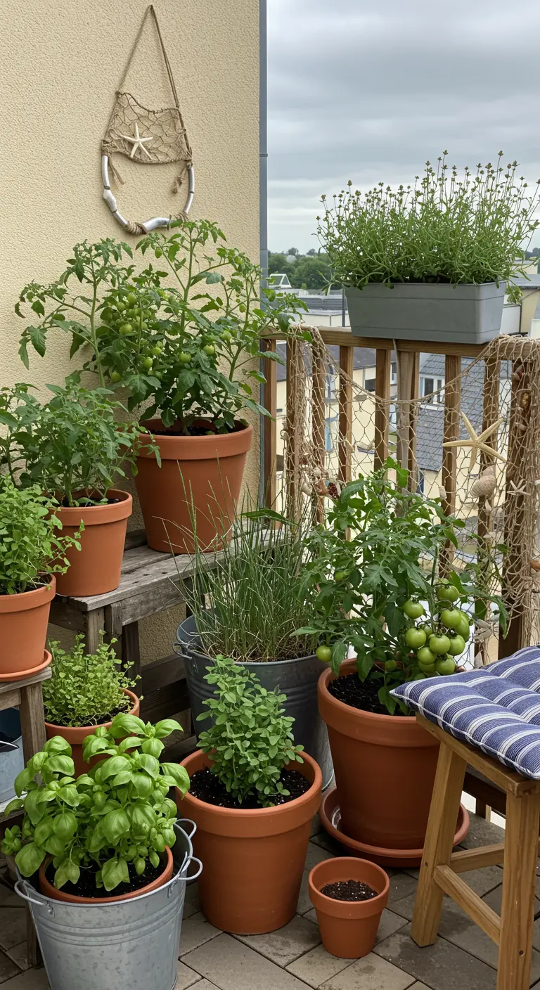 A balcony garden with tomato plants, herbs, and subtle nautical net decor.