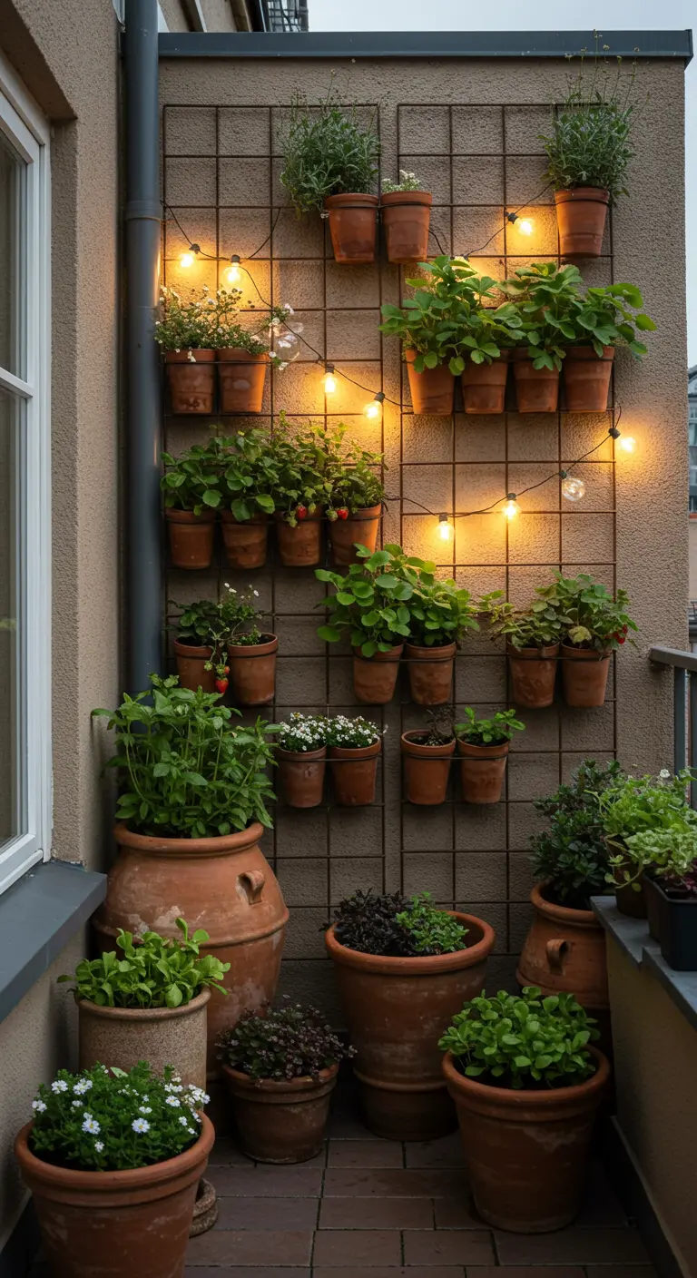A balcony wall covered in a grid trellis holding dozens of terracotta pots with plants.