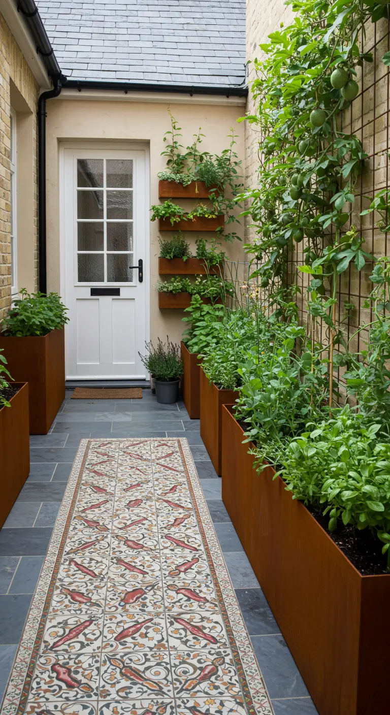 Narrow side return garden with Corten steel planters, a tile runner, and edible plants.