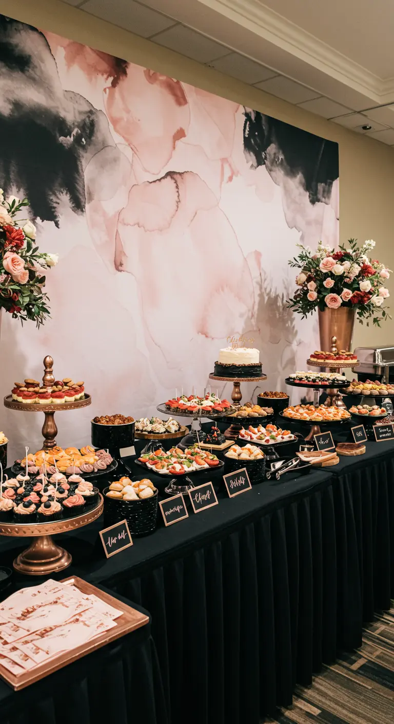 A long grazing table set against a large, abstract blush and black watercolor wall backdrop.