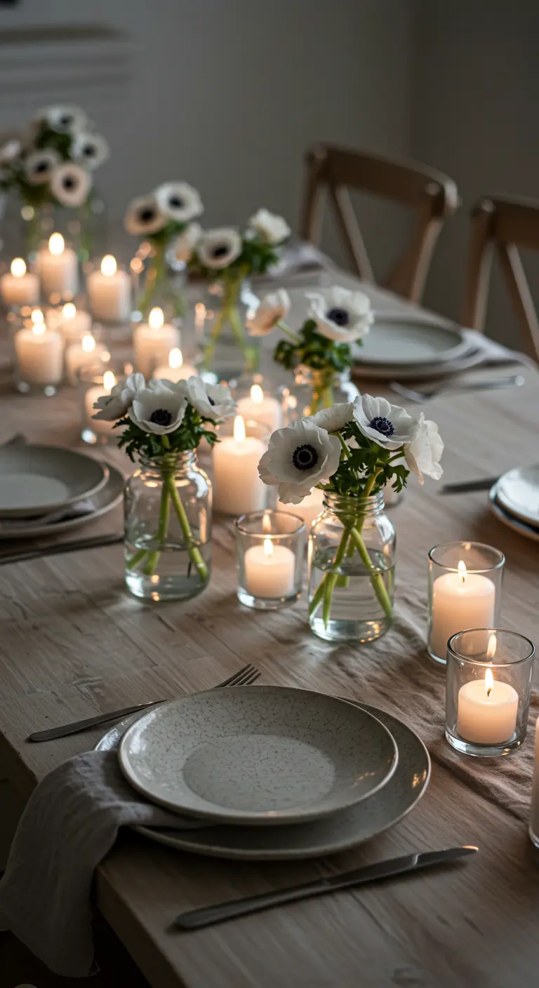 A simple wooden table set with white anemones in small glass jars and many candles.