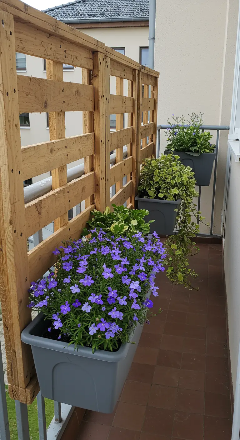 A single pallet turned on its side and attached to a balcony railing, holding several planters.