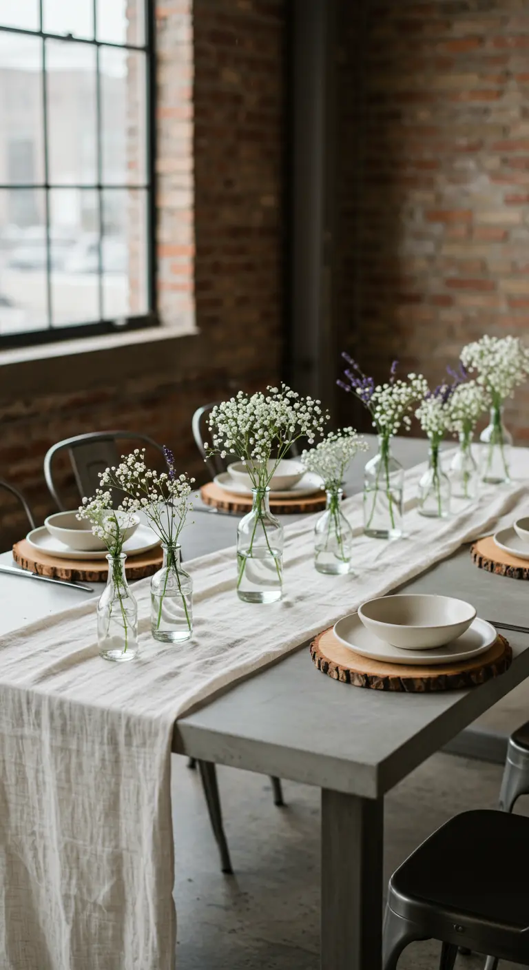 A minimalist table setting with a row of small bud vases holding baby's breath.