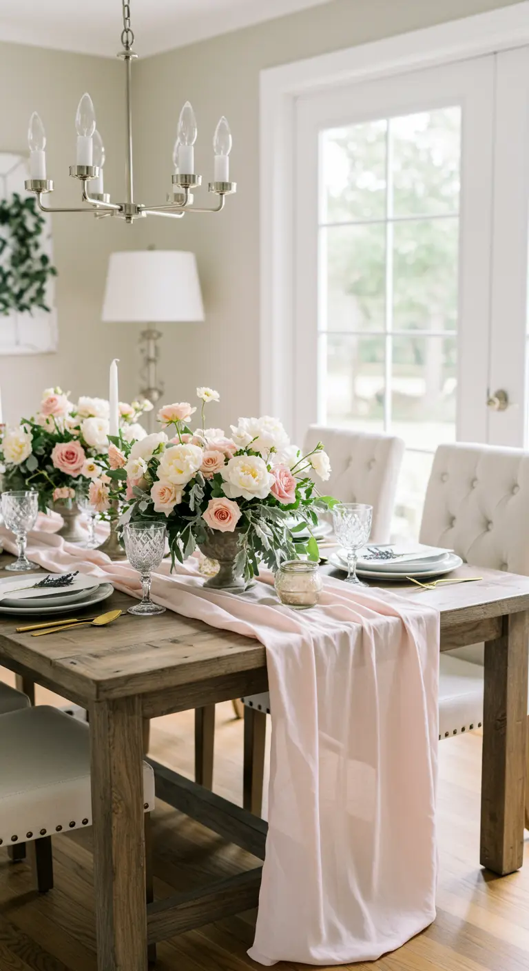 Rustic dining table with a blush pink runner, gold cutlery, and lush rose centerpieces.