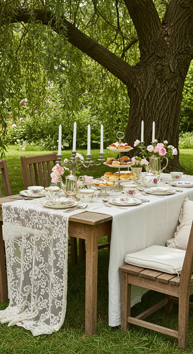Afternoon tea table set with lace and pink roses under a willow tree.