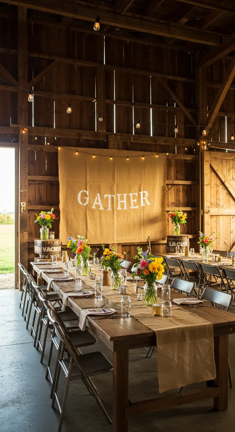 Burlap banner with 'GATHER' in a rustic barn setting