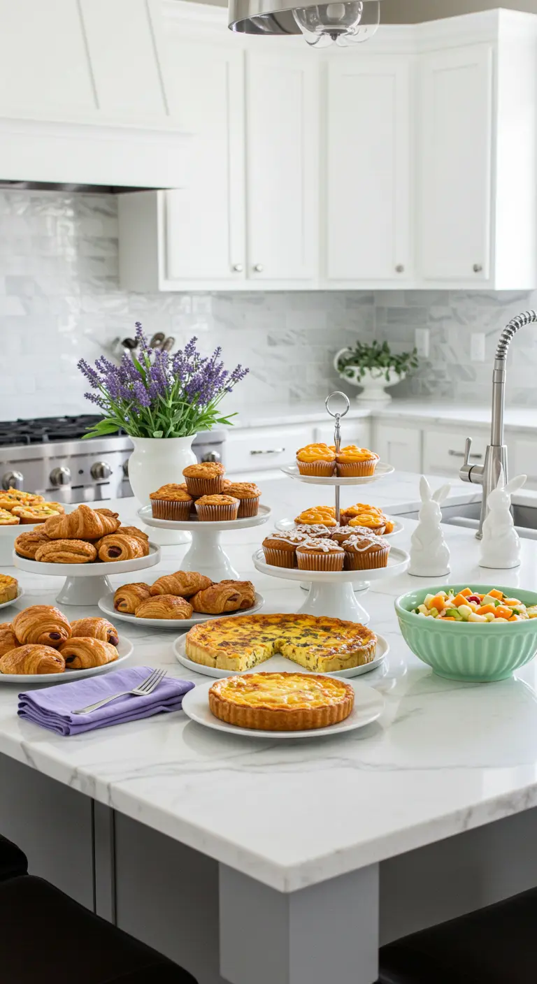 A kitchen island set up as a brunch buffet with quiche and pastries.