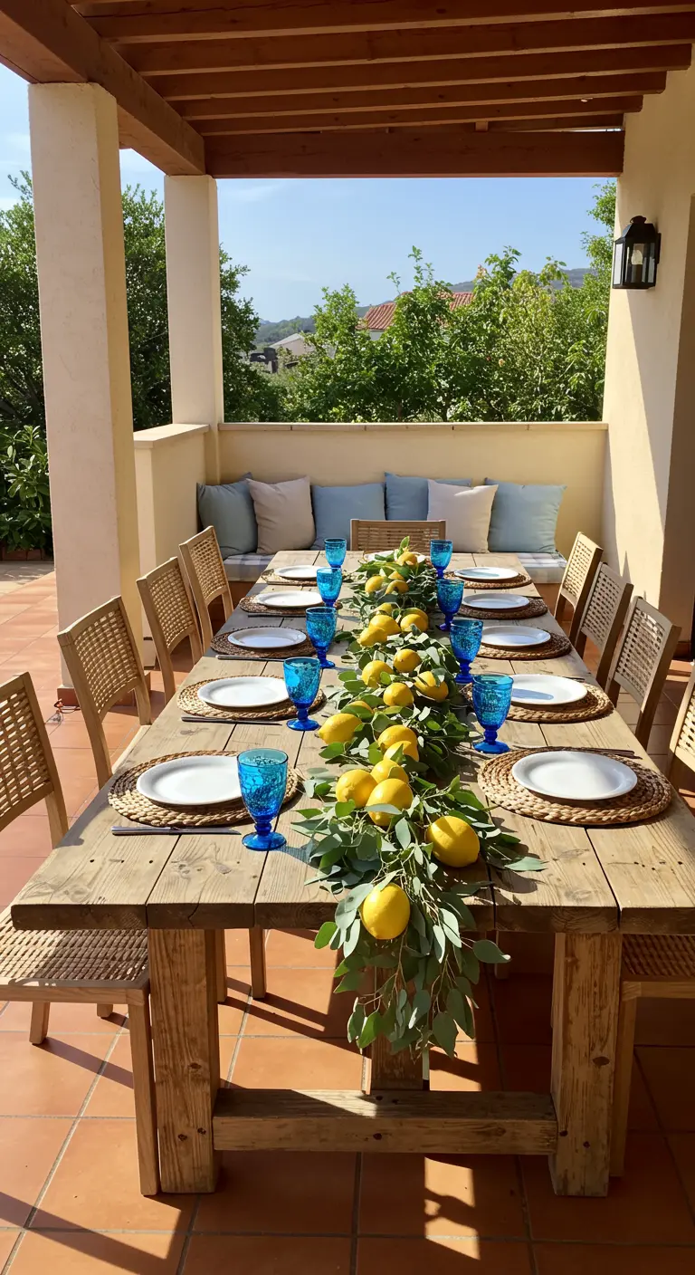 A long rustic wooden table on a patio with a lemon and eucalyptus garland centerpiece.