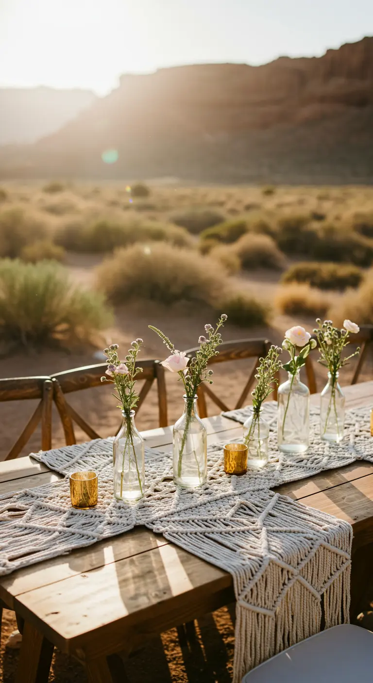 A wooden table with a macrame runner and a line of delicate bud vases.
