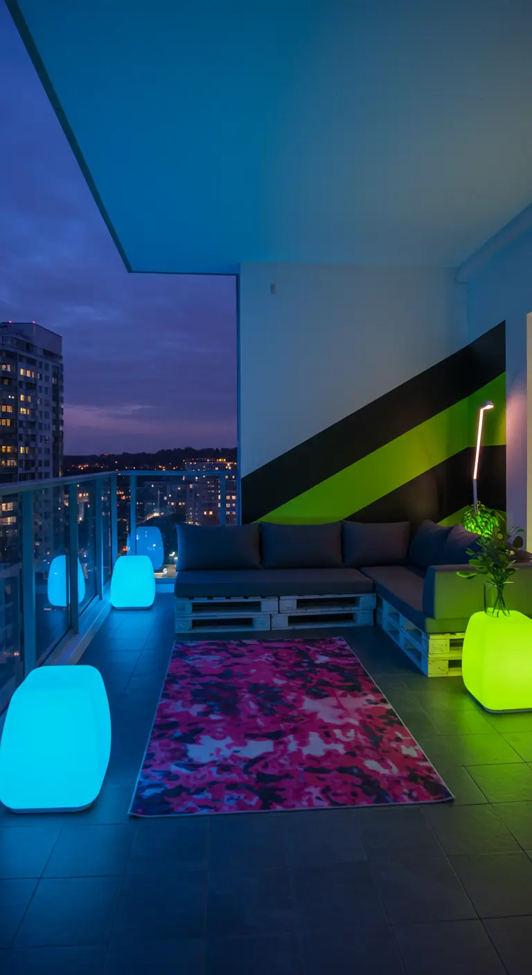 Balcony at night with glowing blue and green furniture and a neon green painted accent wall.