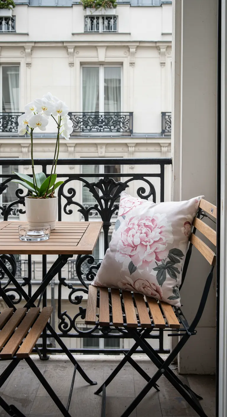 A modern wood slat bistro set with a single white orchid and a large floral cushion.