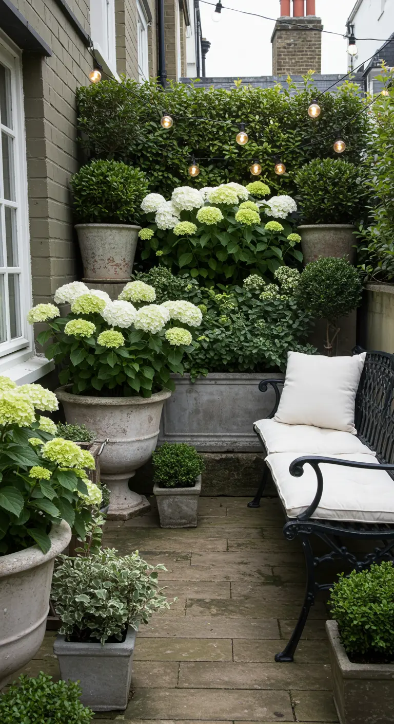 An elegant patio with weathered concrete planters filled with lush white hydrangeas.