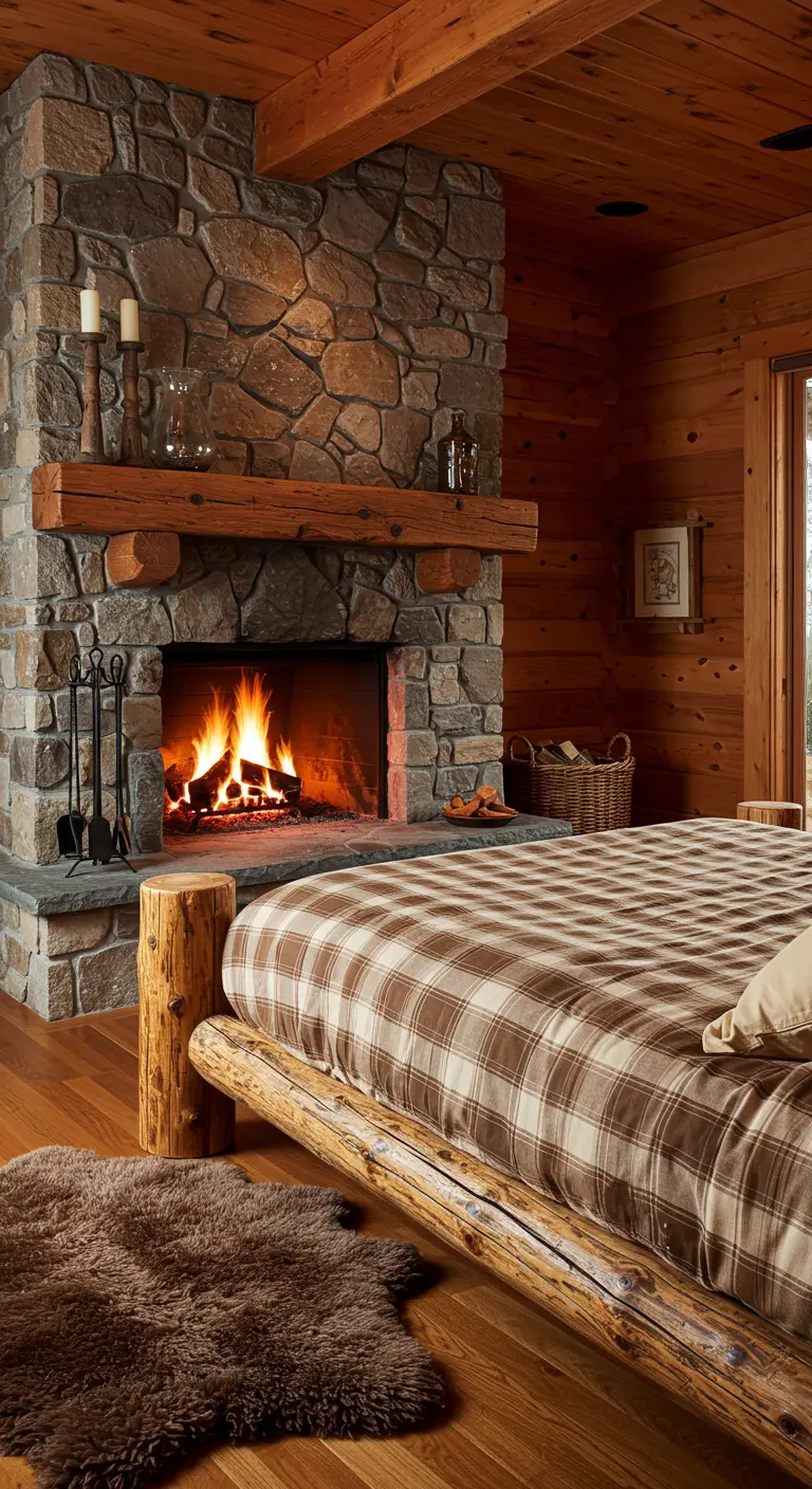 Cozy log cabin bedroom with a large stone fireplace and a bed made from unfinished logs.